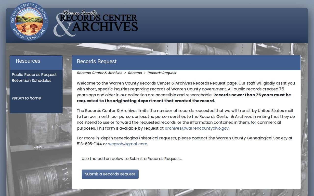 Warren County previous residents historical records request route