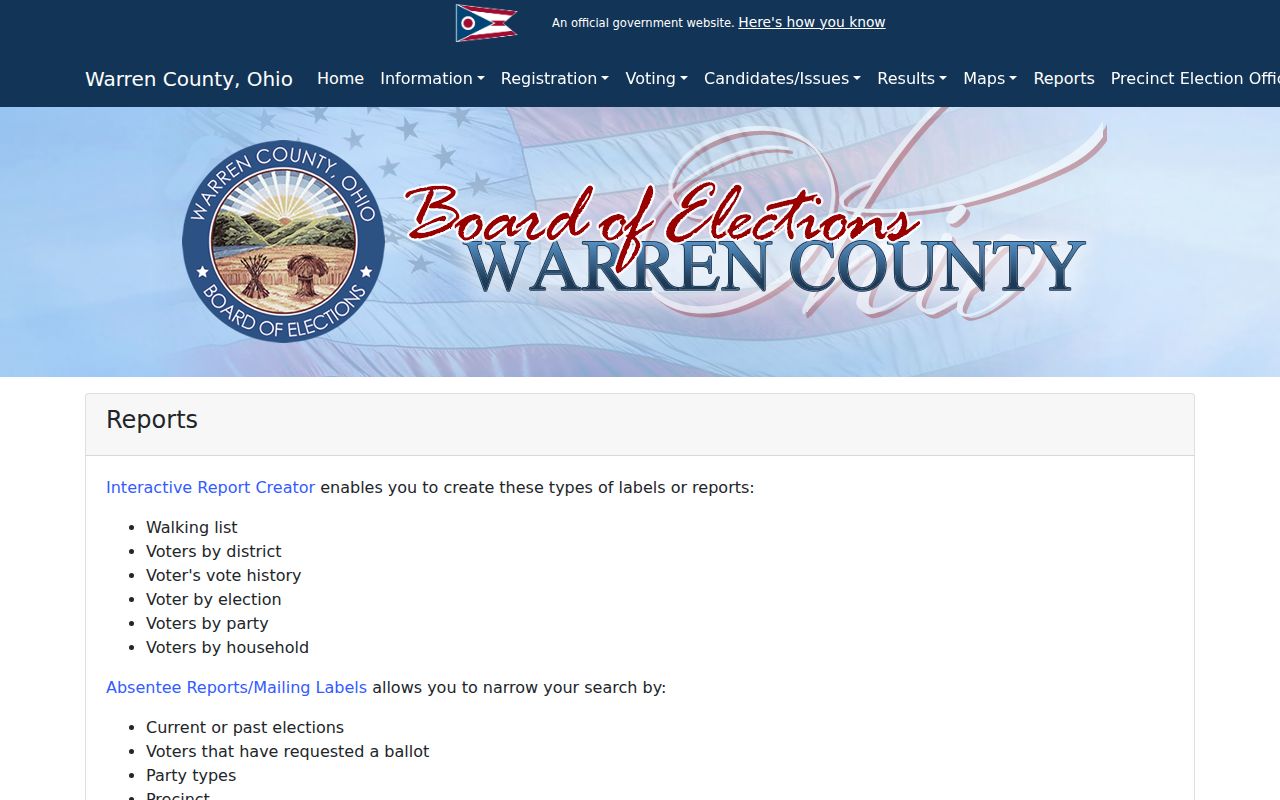 Warren County resident lookup Board of Elections report options
