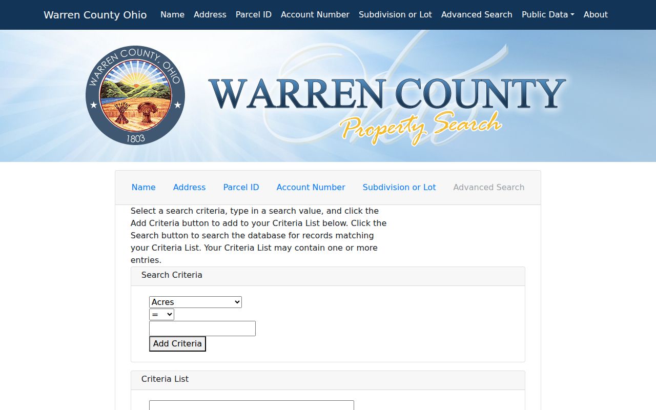 Warren County street directory Auditor advanced property search