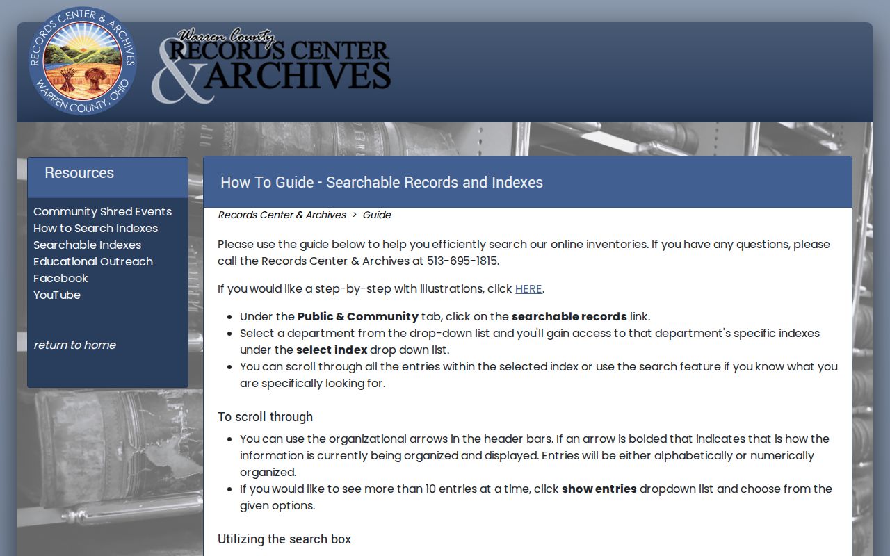 Warren County street directory Records Center index guide