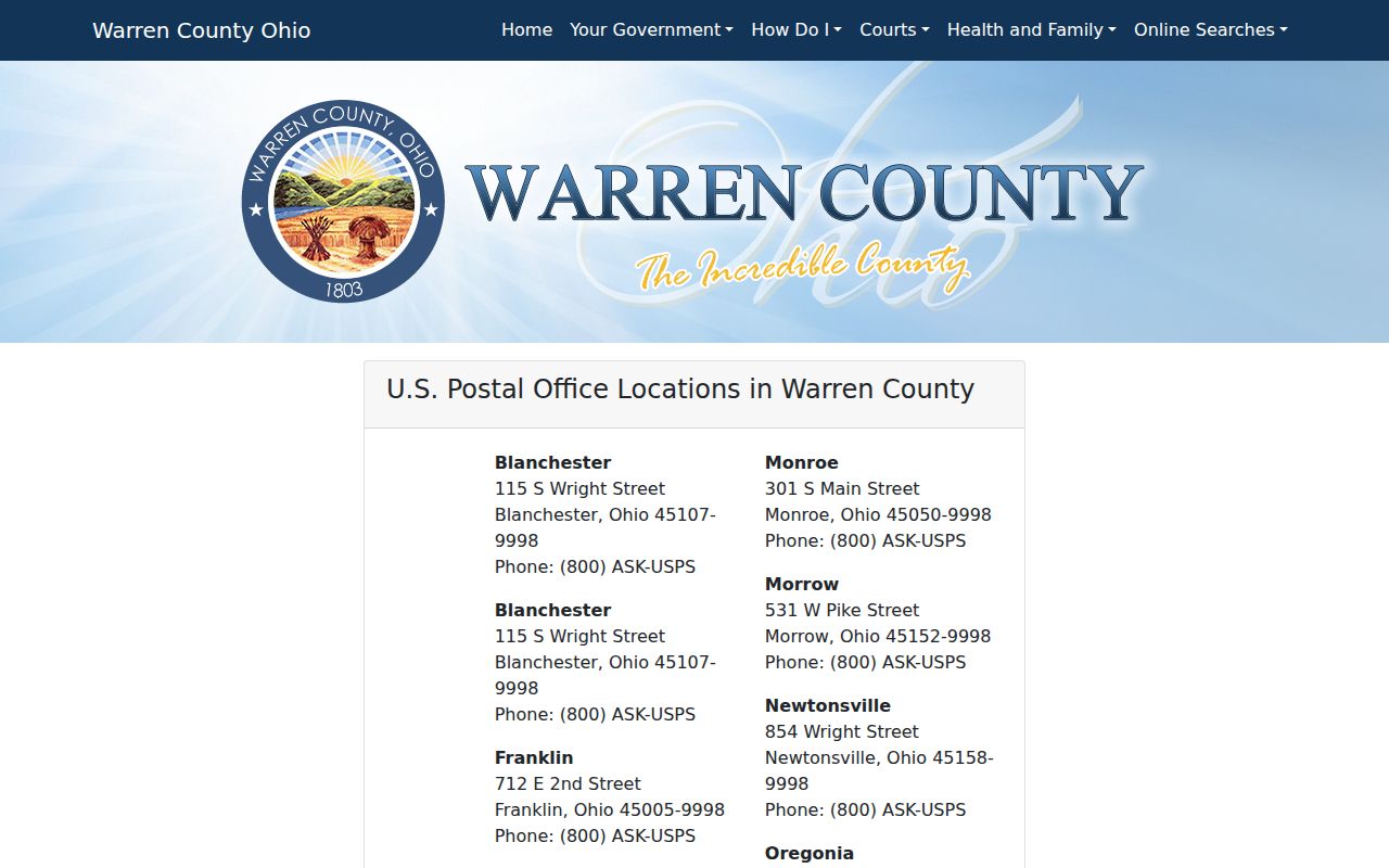 Warren County ZIP code directory source showing county post offices and ZIP listings